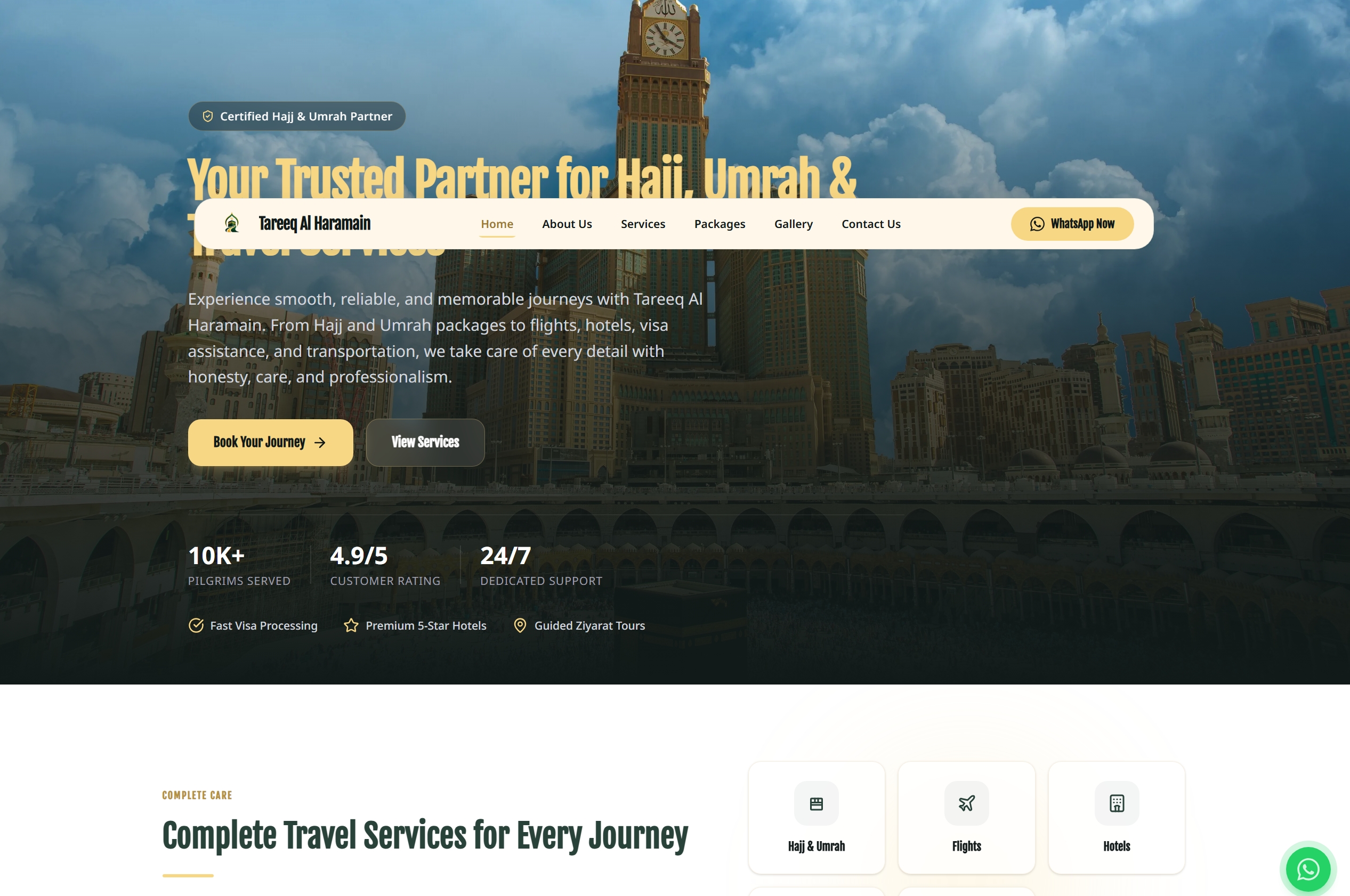 Tareeq Al Harmain - Hajj & Umrah travel agency website with modern layout, travel packages, and custom forms.
