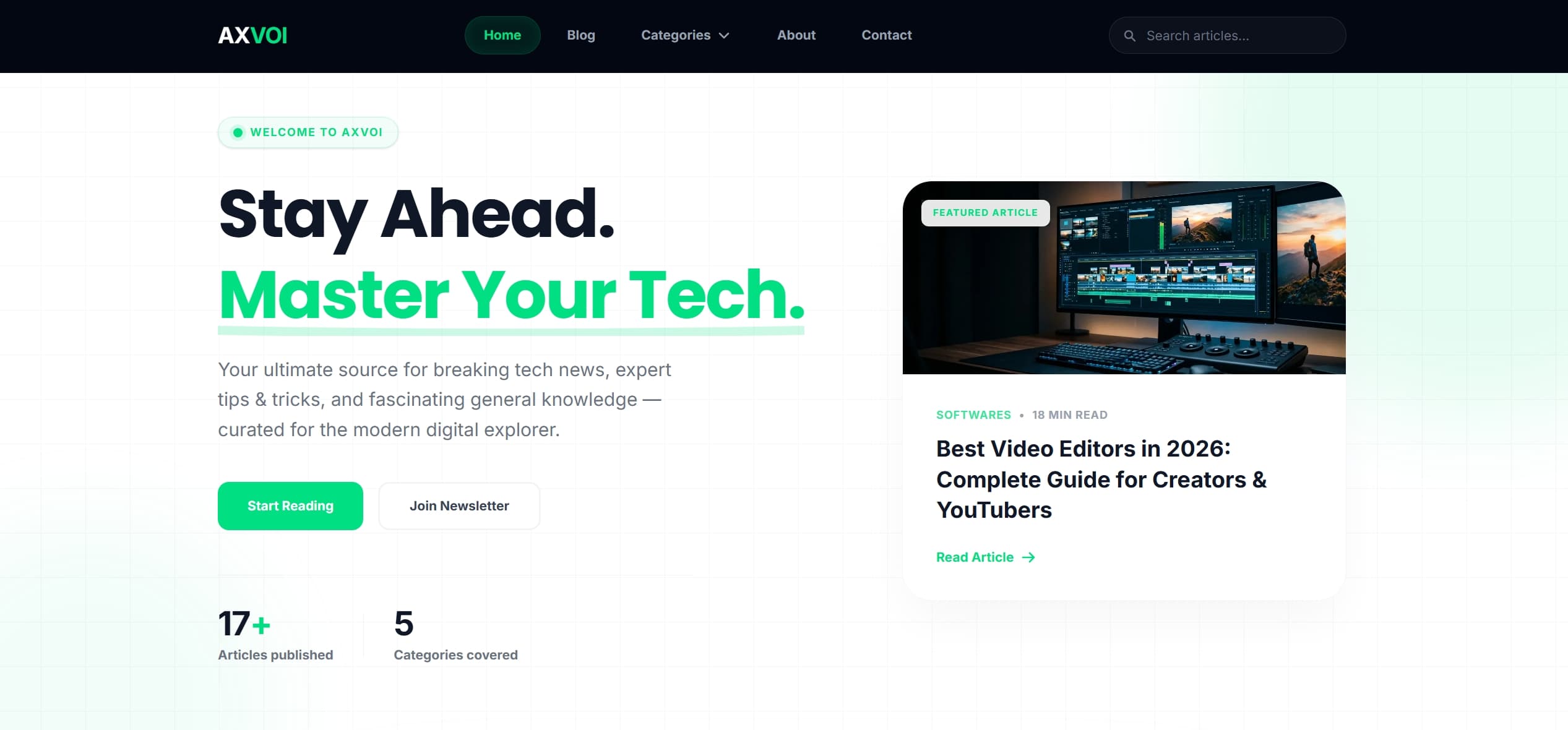 Axvoi - Blogging platform built with Next.js & WordPress CMS, featuring custom design and SEO optimization.