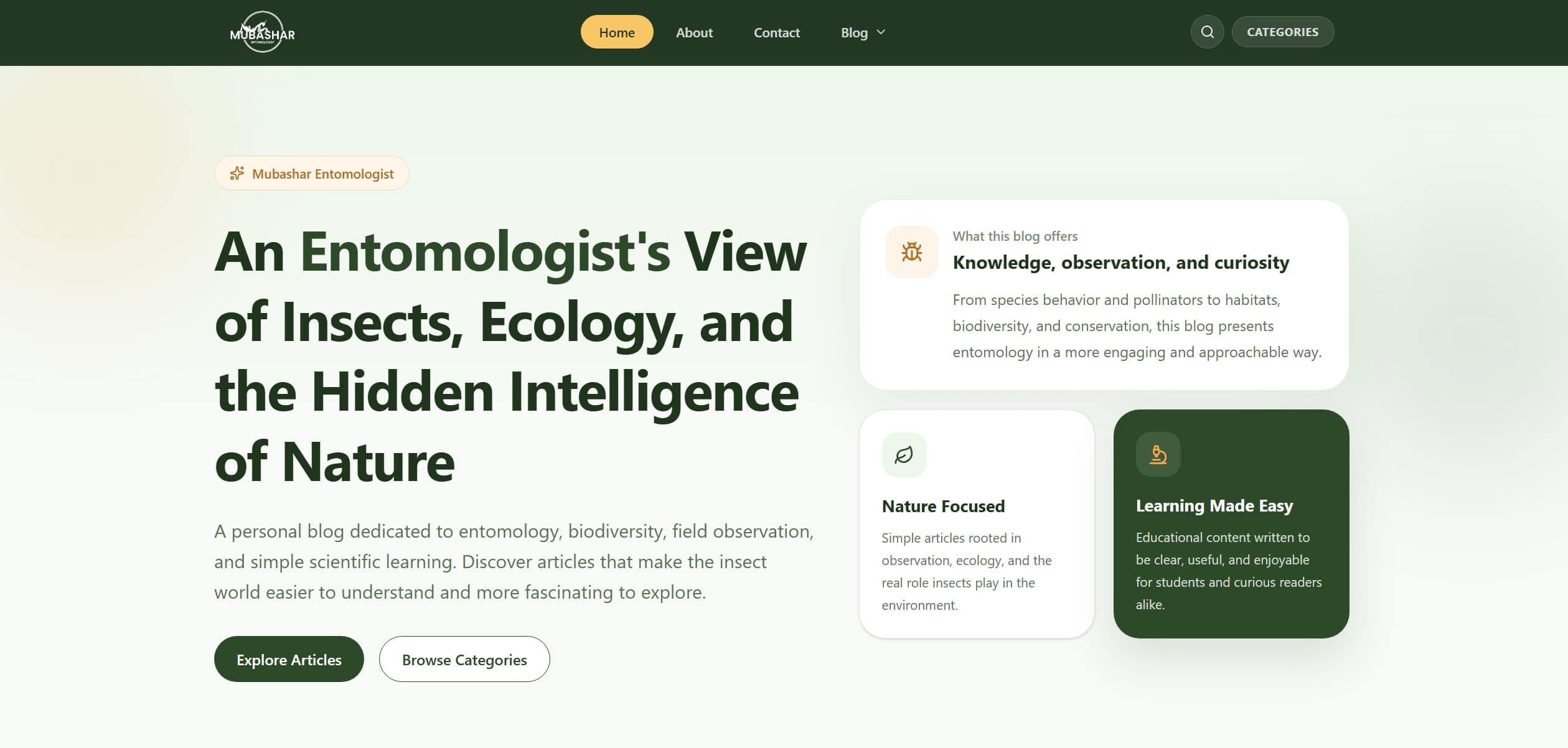 Mubashar Entomologist - Professional entomologist portfolio site built with Next.js & WordPress CMS.